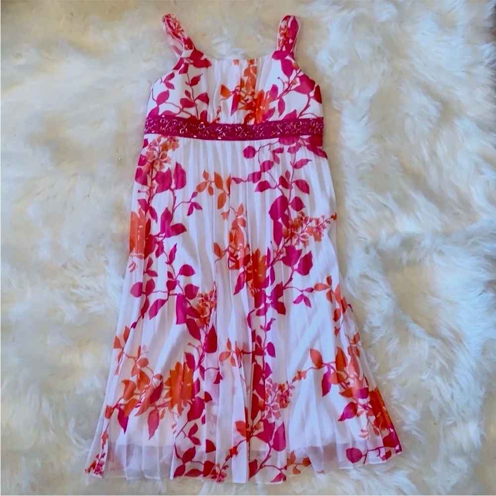 Speechless Girls Size 12 Pleated Floral Dress Beaded Waist Pink Orange NWOT